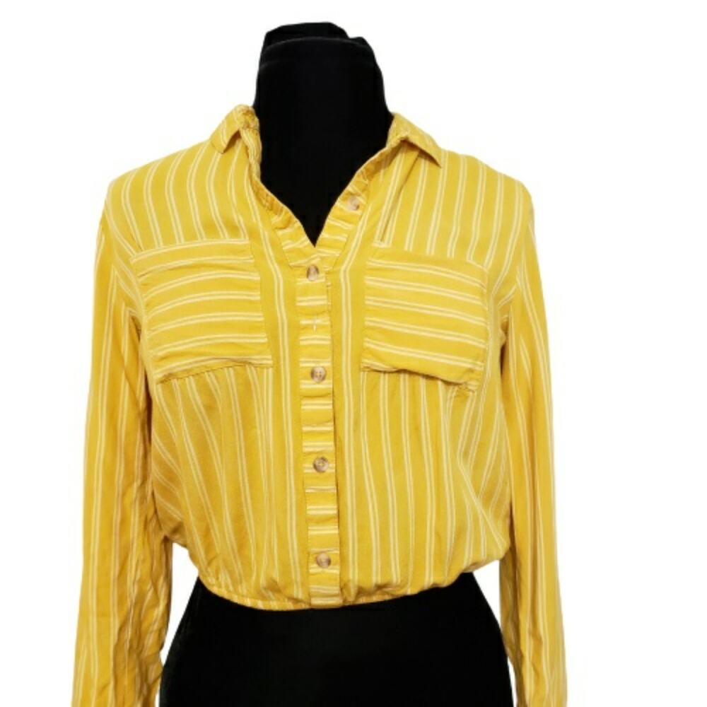 Harper Top‎ Womens Mustard White Striped Long Button Tab Sleeve Crop Top Small